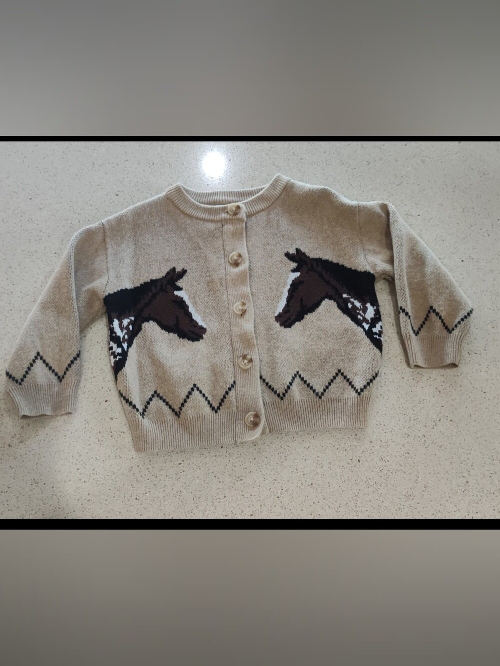 Old Navy Beige Cardigan Sweater with Brown Horse Motif Size 18-24 Months